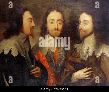 Triple portrait of Charles I of England. After Sir Anthony van Dyck, circa 1700; oil on canvas. Based upon Anthony van Dyck's portrait, commissioned by Charles I. Stock Photo