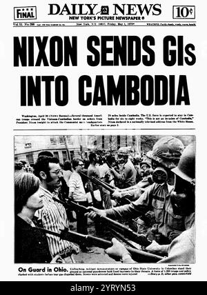 Front page of Daily News (New York based newspaper), after the escalation of US forces in Cambodia, May 1970. Stock Photo