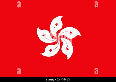 The Flag of the Hong Kong Special Administrative Region of the People's Republic of China depicts a white stylised five-petal Hong Kong orchid tree (Bauhinia blakeana) flower in the centre of a Chinese red field. The design of the flag is enshrined in Hong Kong's Basic Law. The flag of Hong Kong was officially adopted and hoisted on 1 July 1997, during the handover ceremony marking the handover from the United Kingdom back to China. Stock Photo