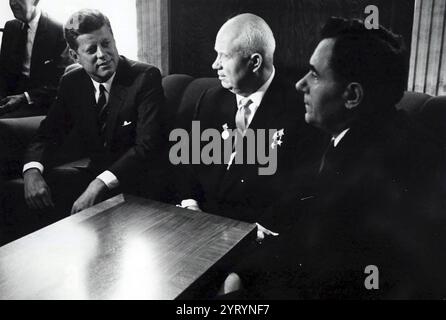 President John F Kennedy addresses a press conference during the early stages of the Vietnam War. 1961. Soviet Foreign Minister, Andrei Gromyko is to the right. Stock Photo