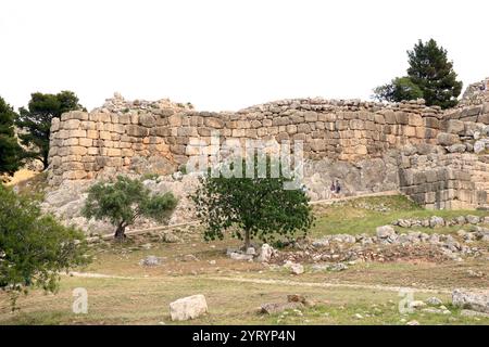 Bronze Age citadel of Mycenae in southern Greece. Mycenae was built with an enclosed acropolis within fortified walls. The fortification was extended during the 13th century BC. represents one of the significant characteristics of the early phase of the Mycenaean civilization. Stock Photo