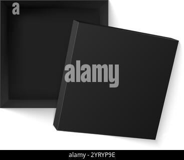 Realistic 3d vector illustration of a black square box opening, providing an empty cube package suitable for pizza or gifts, viewed from above Stock Vector