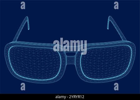 Vector illustration of wireframe hipster glasses isolated on blue background. 3D. Front view Stock Vector