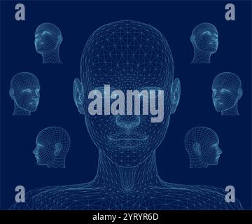 Three dimensional woman head. Ware mesh from 3d app. Stock Vector