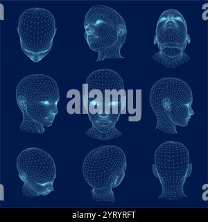 Set of 3D Female Polygon Wireframe Head. Vector illustration. Stock Vector