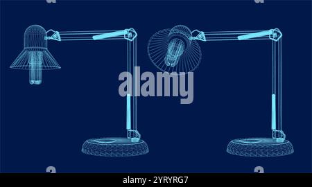Desk Lamp with Light Bulb in wireframe Style. Vector illustration. Isolated on blue background. 3D Stock Vector