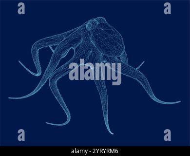 Octopus logo wireframe. Isolated octopus on blue background. 3d Stock Vector