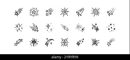 Doodle stars, comets, asteroids icon set. Hand drawn line cosmic starry sky elements. Glitter, spark, twinkle sketch cute illustrations. Pen and crayo Stock Vector