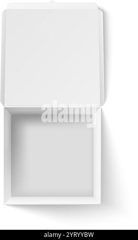Realistic 3d vector illustration of an empty open white cardboard pizza box, presented in top view, creating a clean and minimalist mockup for design Stock Vector