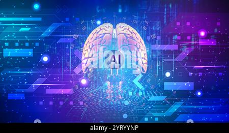 Digital brain with circuit and AI cocept. 3D Rendering.Artificial Intelligence illustration. Artificial intelligence and machine learning concept. Stock Photo