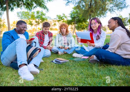 Group Young students using notebook together while sitting on grass outdoors Stock Photo