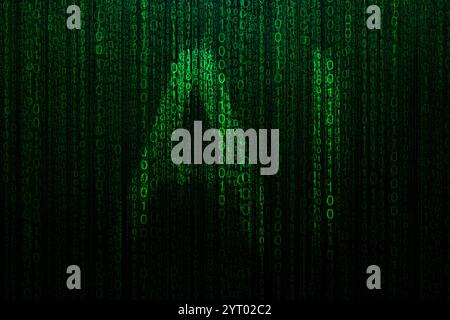 AI with flying binary green code, creative background. Programming and Artificial Intelligence Stock Photo