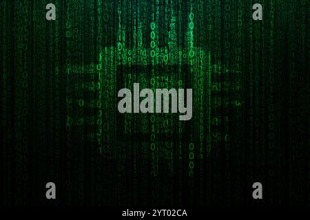 Cyber ​​processor with green binary code, technological background. CPU and GPU, concept. AI technologies. Mining and crypto, creative idea Stock Photo