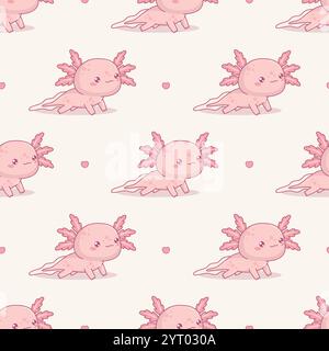 Seamless pattern cute pink Axolotl on white background. Funny Little cartoon kawaii character. Vector illustration. Kids collection Stock Vector