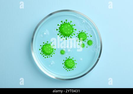 Petri dish with microbes on light blue background, top view ...