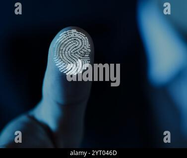 Man pressing finger to surface showing friction ridges pattern, closeup. Scanning fingerprint Stock Photo