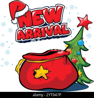 Christmas new arrival advertising template. Santa hat, opening gift bag and christmas tree. Winter seasonal sales, black friday. Vector template with Stock Vector