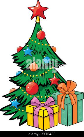 Christmas tree decorated star, balls and light bulb chain with gift boxes. Flat vector on transparent background. Stock Vector