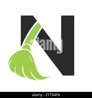 Initial Cleaning Logo On Letter N Combine With Cleaning Brush Symbol Concept For Cleaning Service, Repair and House Maintenance Sign Stock Vector