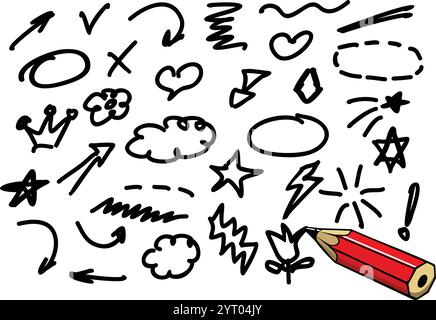 Hand drawn pencil doodle. Sketch underline, emphasis, arrow shape set, highlight, speech bubble and other design element. Vector on transparent backgr Stock Vector