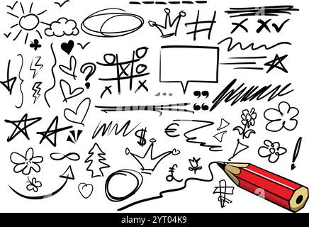 Hand drawn pencil doodle. Sketch underline, emphasis, arrow shape set, highlight, speech bubble and other design element. Vector on transparent backgr Stock Vector