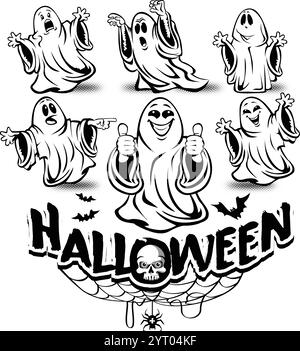 Halloween ghosts set. Collection of funny ghosts with different emotions. Vector Halloween decoration on transparent background Stock Vector