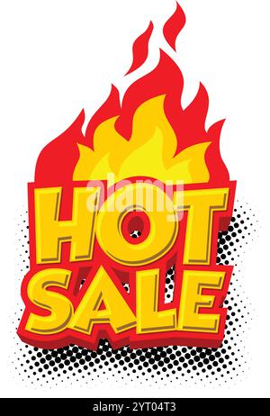 Hot sale icon. Label with flame in pop art style. Vector template on transparent background Stock Vector