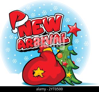 Christmas new arrival advertising template. Santa hat, gift bag and christmas tree. Winter seasonal sales, black friday. Vector on transparent backgro Stock Vector