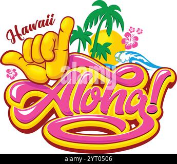 Aloha Hawaii beach vibes. Tropical island with aloha - lettering, sun, shaka hand sign, seagulls, palm-trees in sea waves. Vector on transparent backg Stock Vector