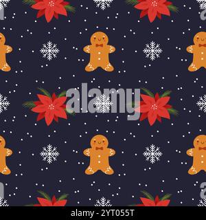 Christmas pattern with gingerbread, poinsettia and snowflakes.Christmas background. Stock Vector