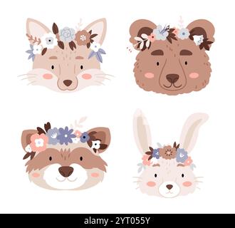 Set of animal head.Animals in floral wreaths in boho style and in pastel colors. Fox, raccoon, bear, hare. Stock Vector