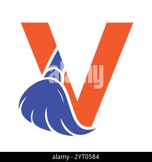 Initial Cleaning Logo On Letter V Combine With Cleaning Brush Symbol Concept For Cleaning Service, Repair and House Maintenance Sign Stock Vector