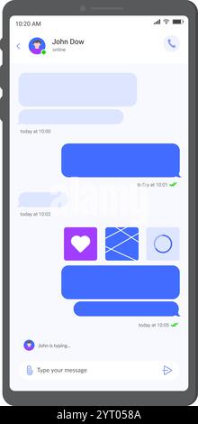 Modern smartphone displaying an ongoing chat conversation with message bubbles, timestamps, and user status indicators, highlighting real time Stock Vector