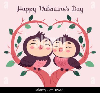 Two love birds sitting on a heart-shaped tree. Valentine's Day card. Stock Vector