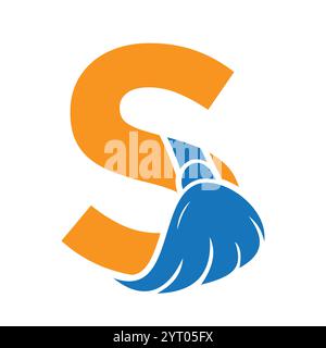 Initial Cleaning Logo On Letter S Combine With Cleaning Brush Symbol Concept For Cleaning Service, Repair and House Maintenance Sign Stock Vector