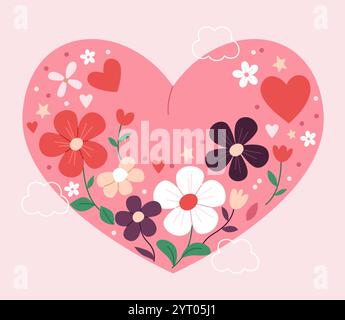 Flowers, stars and hearts in a big heart. Valentine's Day card in pink colors. Stock Vector