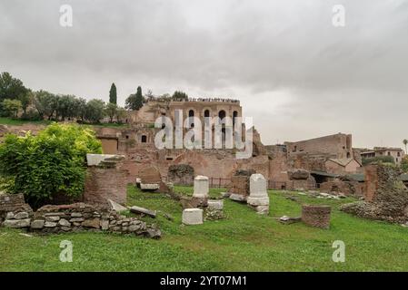 Ruins of the Domus Tiberiana imperial palace on Rome's Palatin Hill from the Roman Forum Stock Photo