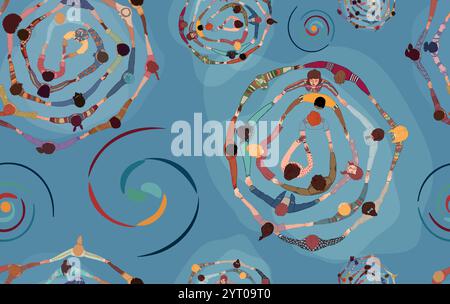 Backdrop seamless pattern with group of diverse people in a circle from different cultures holding hands. Top view. Racial equality. Community Stock Vector