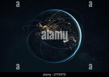 Night planet earth from space with light lines of communication and connection. Business and finance, concept.  Global communications system and the W Stock Photo