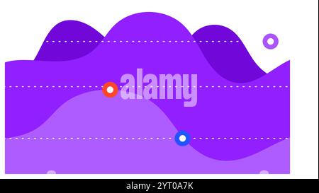 Business graphic charts, line diagrams and business infographics elements vector set showing growth, decline, and stagnation with purple waves, dotted Stock Vector