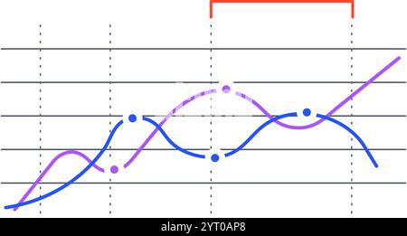 Two colorful lines are representing data points over time, creating a visual representation of trends and fluctuations, with a highlighted period Stock Vector