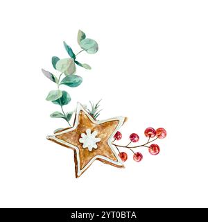 Christmas gingerbread cookie star with eucalyptus branch and berries, watercolor. Hand drawn vector illustration isolated on white. For New Year cards Stock Vector