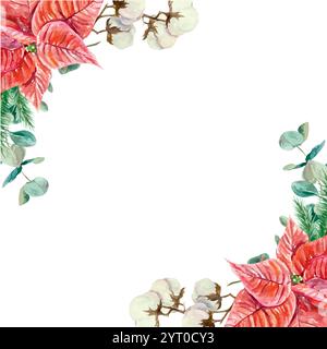 Christmas frame with red poinsettia flowers, eucalyptus and cotton, watercolor. Hand drawn vector illustration isolated on white. For New Year cards, Stock Vector