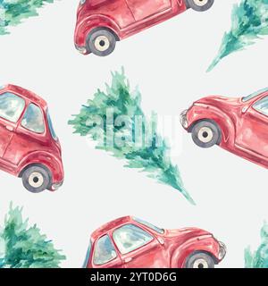 Christmas red car, green fir trees, watercolor seamless pattern. Hand drawn vector illustration. For New Year cards, invitations, wrapping paper, text Stock Vector