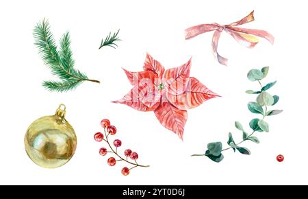 Christmas set with poinsettia, golden ball, fir tree branch, eucalyptus, red berries, watercolor. Hand drawn vector illustration. For New Year cards, Stock Vector
