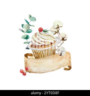 Christmas cake with cotton and eucalyptus branch in watercolor style. Hand drawn vector illustration isolated on white. For New Year cards, festive wi Stock Vector