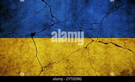 Ukraine flag on cracked damage concrete wall, concept. Economy and crisis, creativity. Freedom and patriotism Stock Photo