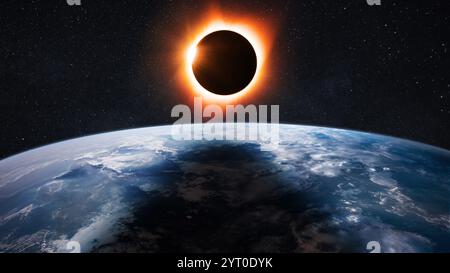 Amazing eclipse from space. Planet Earth with the Moon and a solar eclipse. Solar Eclipse. The moon moving in front of the sun. Creative Stock Photo