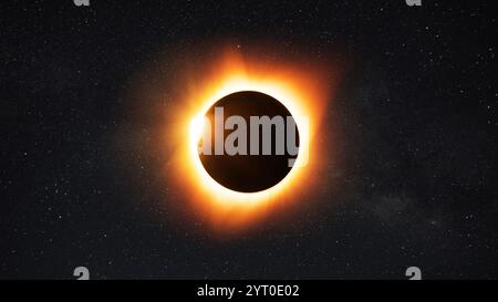 Amazing solar eclipse with yellow rays of light on the starry sky. Sun and moon in space Stock Photo