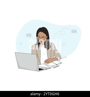 Woman working, studying at her desk. Woman uses laptop for online meetings, studying. Freelancer taking notes. Vector illustration. Stock Vector
